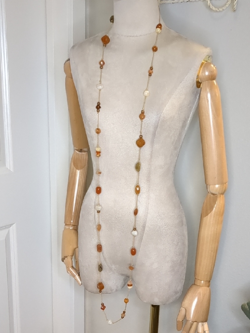 Vintage 70s Boho Long Sautoir Necklace Amber Glass Stones On Hand Knotted Rope